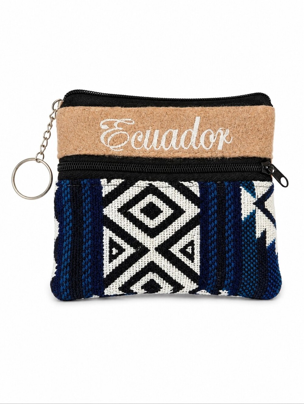 NWOT Ecuador Woven Coin Purse Keychain Blue Geometric Zip Pouch
